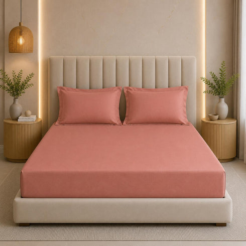300TC Solid 100% Pure Cotton King Bedsheet Set (1 Bedsheet, 2 Pillow Covers), Dusty Rose