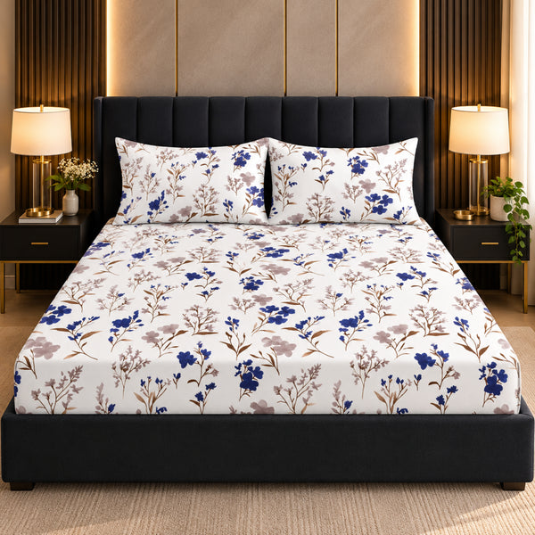 Porcelain Bloom 100% Cotton King Size Bedsheet Set (1 Bedsheet & 2 Pillow Covers)