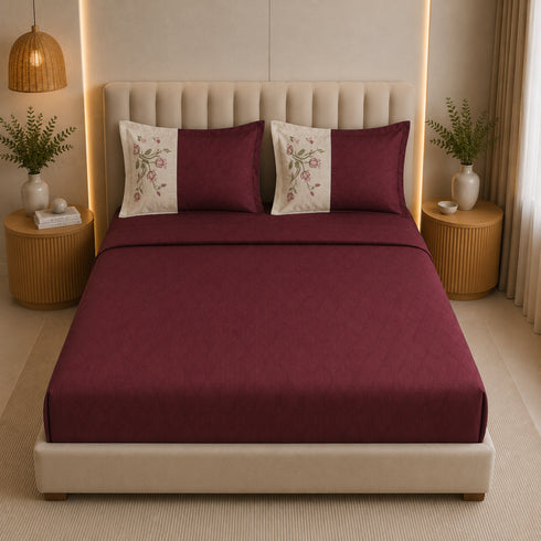 Italian Embroidery 3Pcs King Bedsheet Set (1 Bedsheet, 2 Pillow Covers), Bordeaux