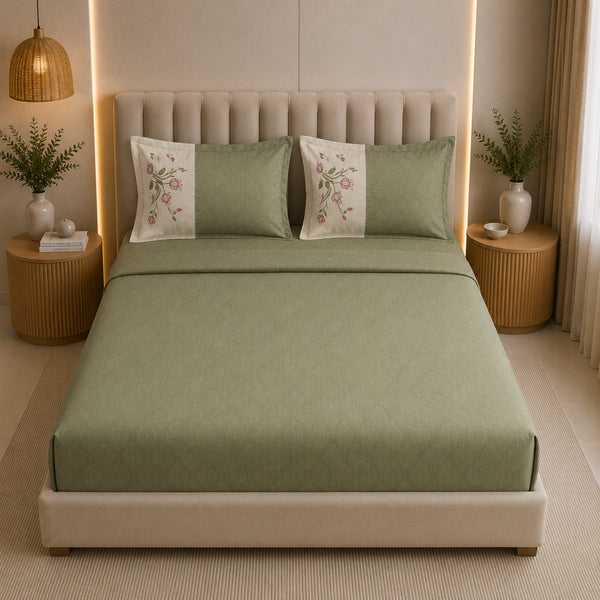 Italian Embroidery 3Pcs King Bedsheet Set (1 Bedsheet, 2 Pillow Covers), Verde Salvia