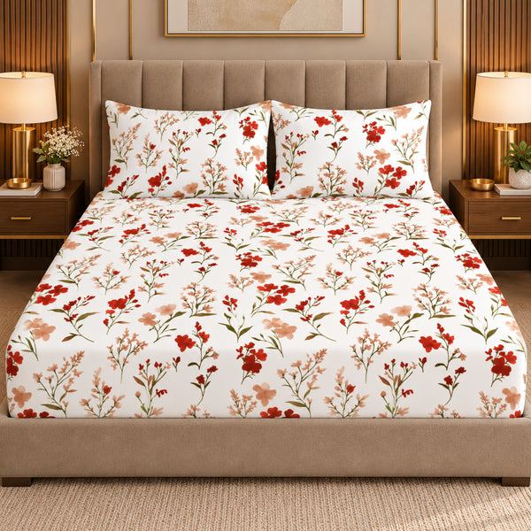 Poppy Bloom 100% Cotton King Size Bedsheet Set (1 Bedsheet & 2 Pillow Covers)