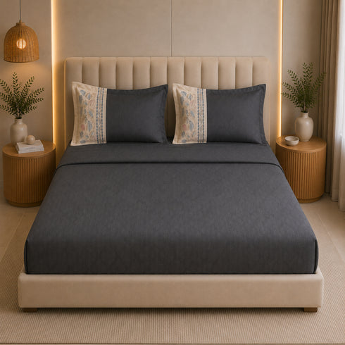 Italian Embroidery 3Pcs King Bedsheet Set (1 Bedsheet, 2 Pillow Covers), Grigio