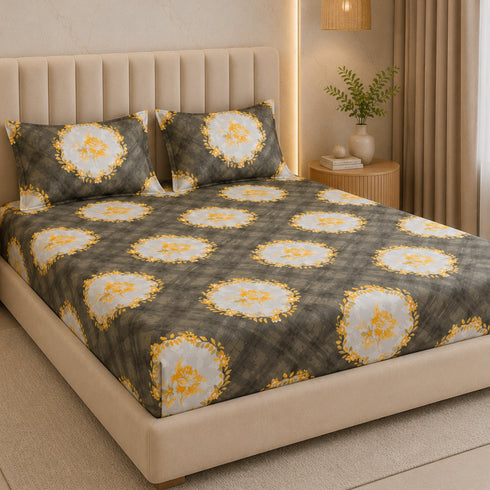 Cloud Soft Golden Medallion King Size Bedsheet Set (1 Bedsheet, 2 Pillow Covers)