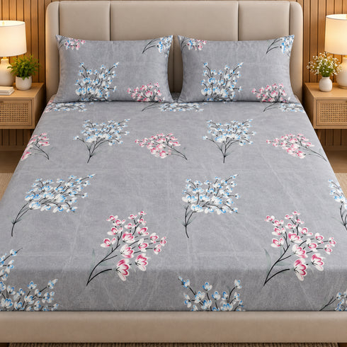 Silver Petals 3Pcs Double Bedsheet Set (1 Bedsheet & 2 Pillow Covers)