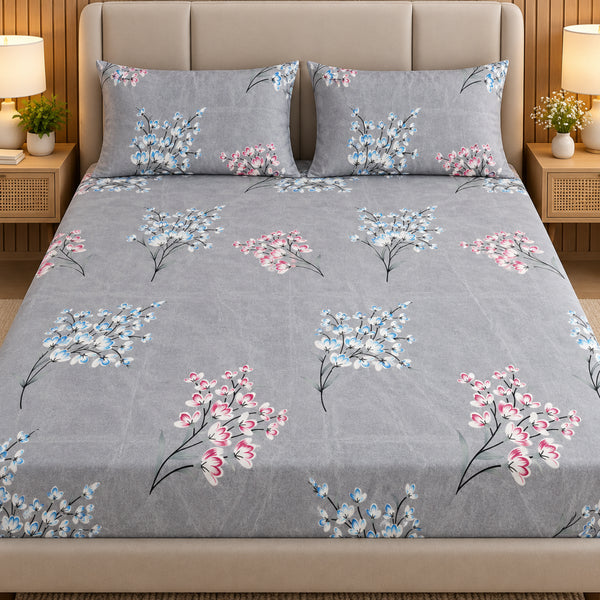 Silver Petals 3Pcs Double Bedsheet Set (1 Bedsheet & 2 Pillow Covers)