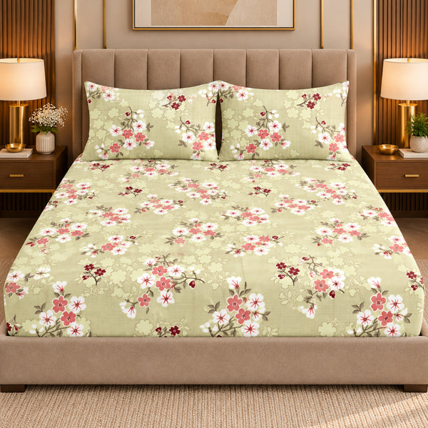Sage Rosette 100% Cotton King Size Bedsheet Set (1 Bedsheet & 2 Pillow Covers)