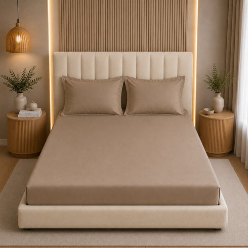 300TC Solid 100% Pure Cotton King Bedsheet Set (1 Bedsheet, 2 Pillow Covers), Mocha