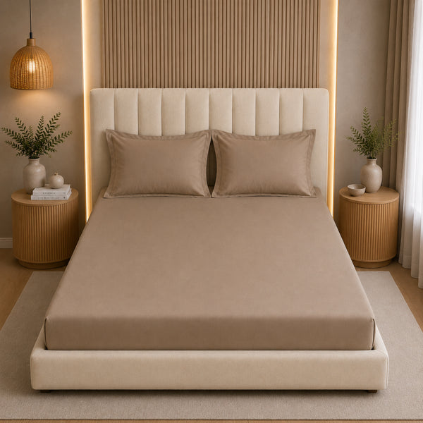 300TC Solid 100% Pure Cotton King Bedsheet Set (1 Bedsheet, 2 Pillow Covers), Mocha