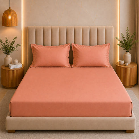 300TC Solid 100% Pure Cotton King Bedsheet Set (1 Bedsheet, 2 Pillow Covers), Sunset Apricot