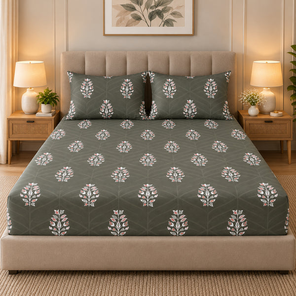 Emerald Botanica 100% Cotton King Size Bedsheet Set (1 Bedsheet & 2 Pillow Covers)