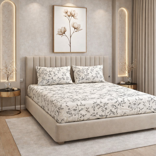 Night Bloom Ivory Botanica Double Bedsheet Set (1 Bedsheet, 2 Pillow Covers)