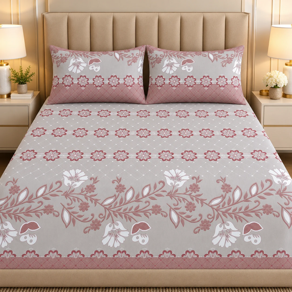 Blush Heritage 3Pcs Double Bedsheet Set (1 Bedsheet & 2 Pillow Covers)