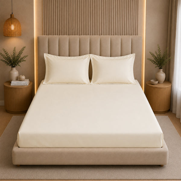 300TC Solid 100% Pure Cotton King Bedsheet Set (1 Bedsheet, 2 Pillow Covers), Ivory