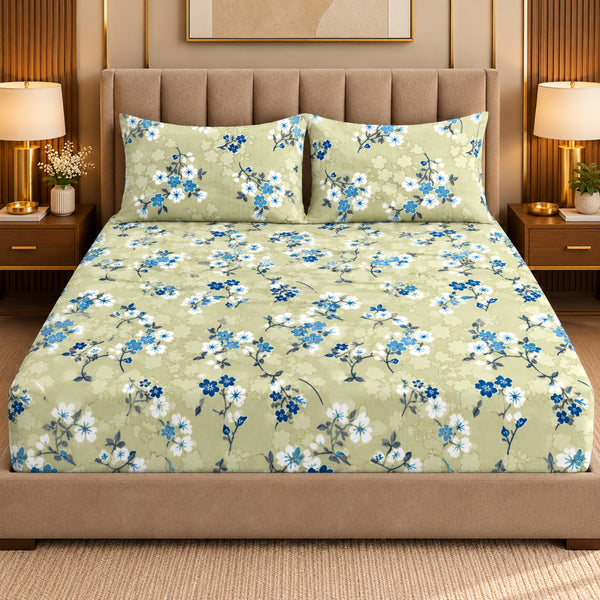 Jade Blossom 100% Cotton King Size Bedsheet Set (1 Bedsheet & 2 Pillow Covers)