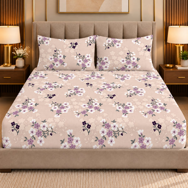 Lavender Charm 100% Cotton King Size Bedsheet Set (1 Bedsheet & 2 Pillow Covers)