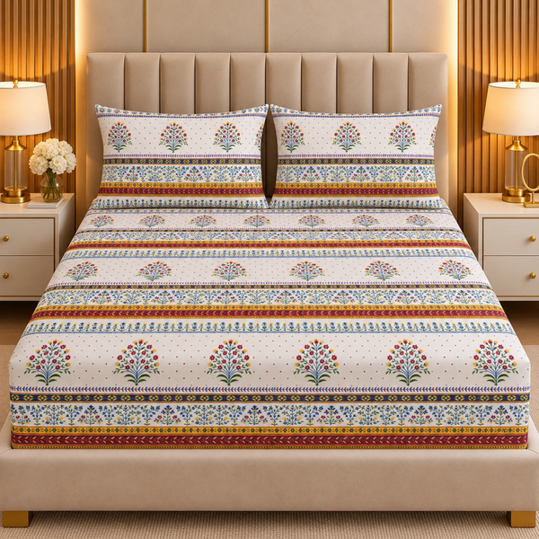 Jaipuri Bloom 3Pcs Double Bedsheet Set (1 Bedsheet & 2 Pillow Covers)