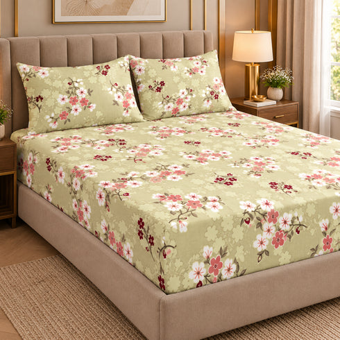 Sage Rosette 100% Cotton King Size Bedsheet Set (1 Bedsheet & 2 Pillow Covers)