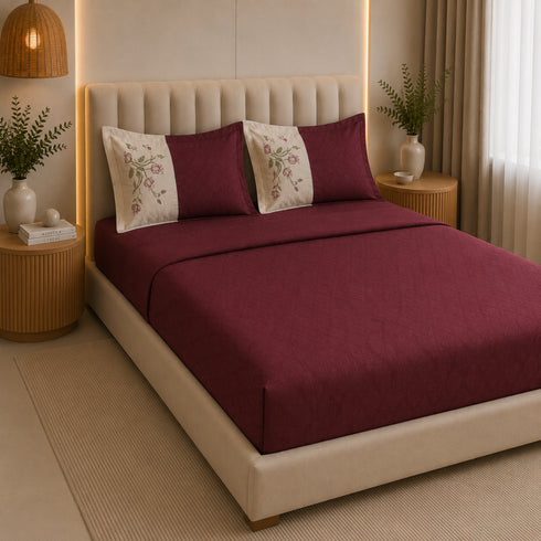 Italian Embroidery 3Pcs King Bedsheet Set (1 Bedsheet, 2 Pillow Covers), Bordeaux
