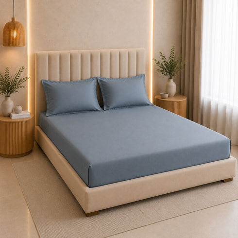 300TC Solid 100% Pure Cotton King Bedsheet Set (1 Bedsheet, 2 Pillow Covers), Steel Blue