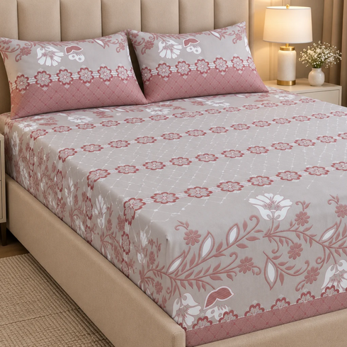Blush Heritage 3Pcs Double Bedsheet Set (1 Bedsheet & 2 Pillow Covers)