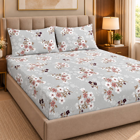 Mauve Garden 100% Cotton King Size Bedsheet Set (1 Bedsheet & 2 Pillow Covers)