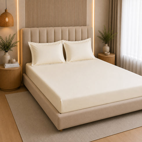 300TC Solid 100% Pure Cotton King Bedsheet Set (1 Bedsheet, 2 Pillow Covers), Ivory