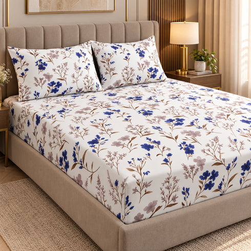 Porcelain Bloom 100% Cotton King Size Bedsheet Set (1 Bedsheet & 2 Pillow Covers)