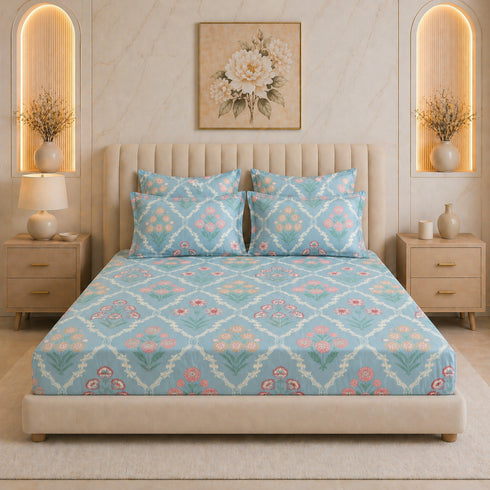 Cloud Soft Sky Blossom Floral King Size Bedsheet Set (1 Bedsheet, 2 Pillow Covers)
