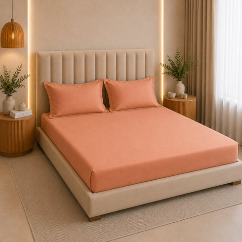 300TC Solid 100% Pure Cotton King Bedsheet Set (1 Bedsheet, 2 Pillow Covers), Sunset Apricot