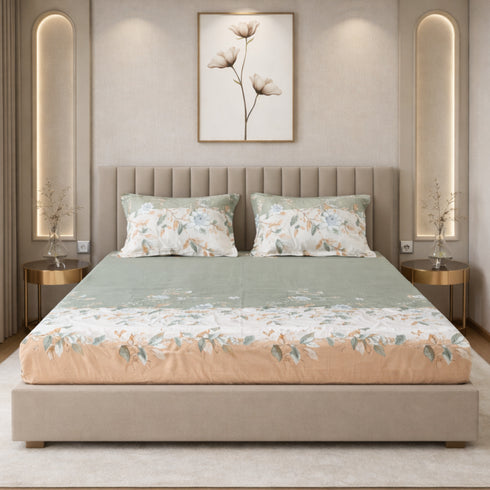 Night Bloom Sage Apricot Double Bedsheet Set (1 Bedsheet, 2 Pillow Covers)