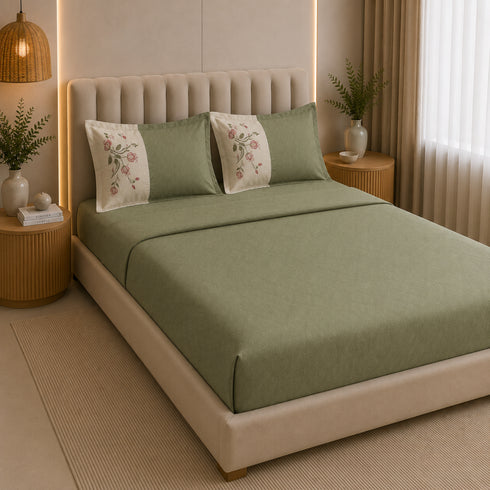 Italian Embroidery 3Pcs King Bedsheet Set (1 Bedsheet, 2 Pillow Covers), Verde Salvia