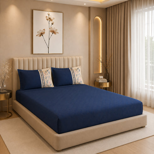 Italian Embroidery 3Pcs King Bedsheet Set (1 Bedsheet, 2 Pillow Covers), Blu Notte