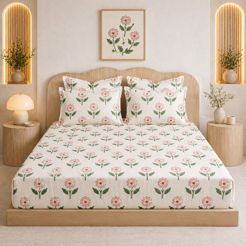 Cloud Soft Rosette Meadow Floral King Size Bedsheet Set (1 Bedsheet, 2 Pillow Covers)