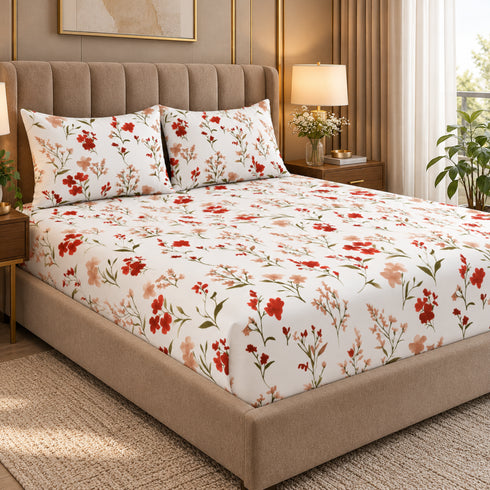 Poppy Bloom 100% Cotton King Size Bedsheet Set (1 Bedsheet & 2 Pillow Covers)