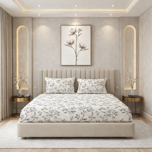 Ivory Botanica Double Bedsheet Set (1 Bedsheet, 2 Pillow Covers)