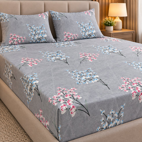 Silver Petals 3Pcs Double Bedsheet Set (1 Bedsheet & 2 Pillow Covers)