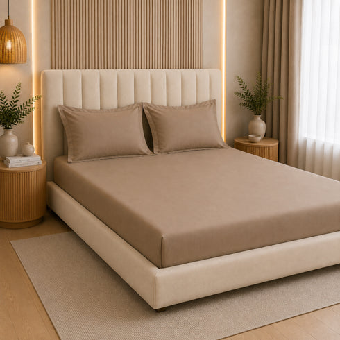 300TC Solid 100% Pure Cotton King Bedsheet Set (1 Bedsheet, 2 Pillow Covers), Mocha