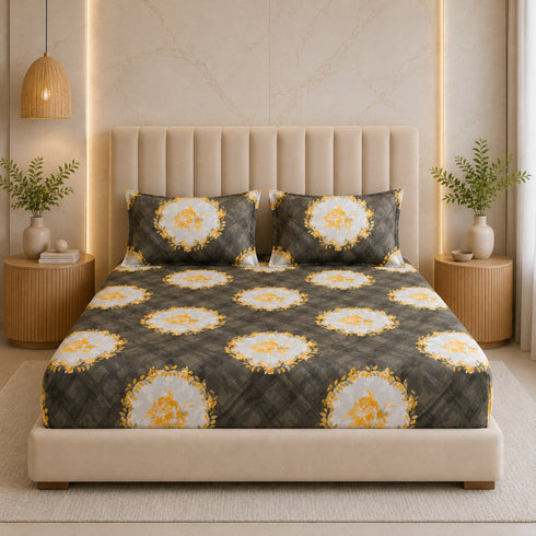 Cloud Soft Golden Medallion King Size Bedsheet Set (1 Bedsheet, 2 Pillow Covers)