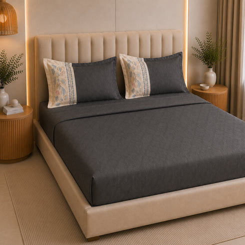 Italian Embroidery 3Pcs King Bedsheet Set (1 Bedsheet, 2 Pillow Covers), Grigio