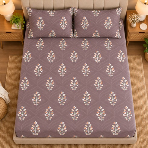 Wine Botanica 100% Cotton King Size Bedsheet Set (1 Bedsheet & 2 Pillow Covers)