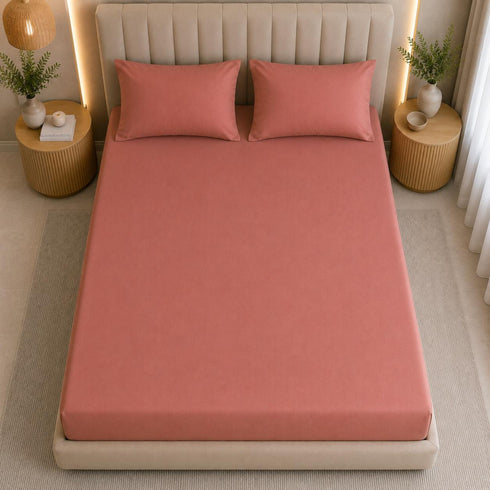 300TC Solid 100% Pure Cotton King Bedsheet Set (1 Bedsheet, 2 Pillow Covers), Dusty Rose