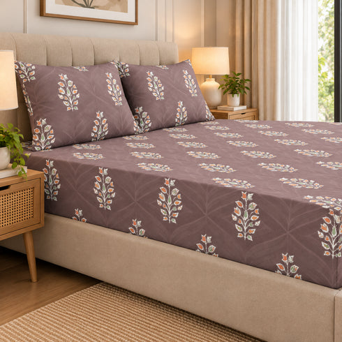 Wine Botanica 100% Cotton King Size Bedsheet Set (1 Bedsheet & 2 Pillow Covers)