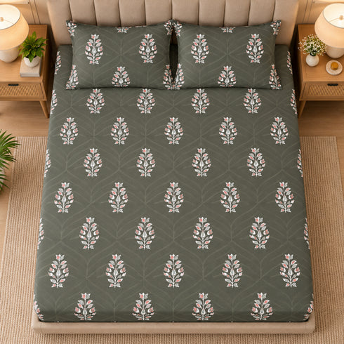 Emerald Botanica 100% Cotton King Size Bedsheet Set (1 Bedsheet & 2 Pillow Covers)