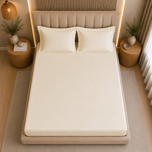 300TC Solid 100% Pure Cotton King Bedsheet Set (1 Bedsheet, 2 Pillow Covers), Ivory