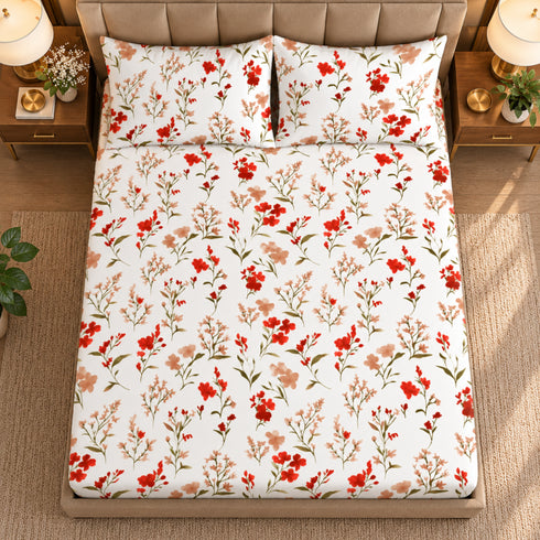 Poppy Bloom 100% Cotton King Size Bedsheet Set (1 Bedsheet & 2 Pillow Covers)