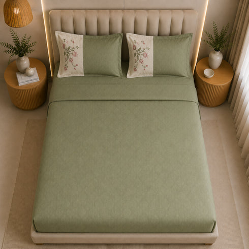 Italian Embroidery 3Pcs King Bedsheet Set (1 Bedsheet, 2 Pillow Covers), Verde Salvia