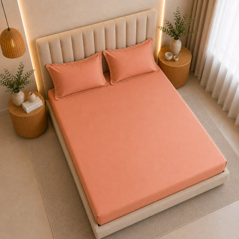 300TC Solid 100% Pure Cotton King Bedsheet Set (1 Bedsheet, 2 Pillow Covers), Sunset Apricot