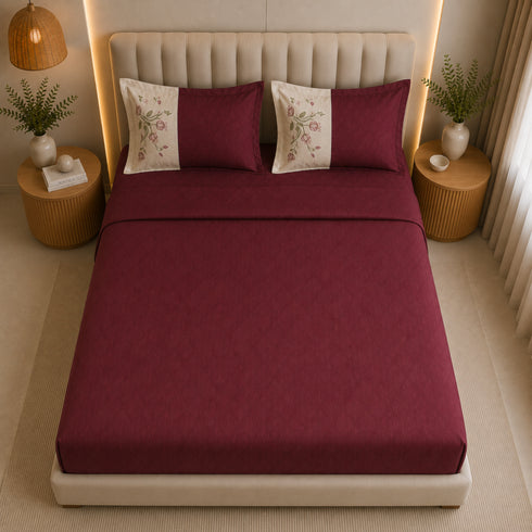 Italian Embroidery 3Pcs King Bedsheet Set (1 Bedsheet, 2 Pillow Covers), Bordeaux
