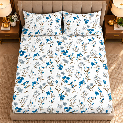 Blue Petal Muse 100% Cotton King Size Bedsheet Set (1 Bedsheet & 2 Pillow Covers)
