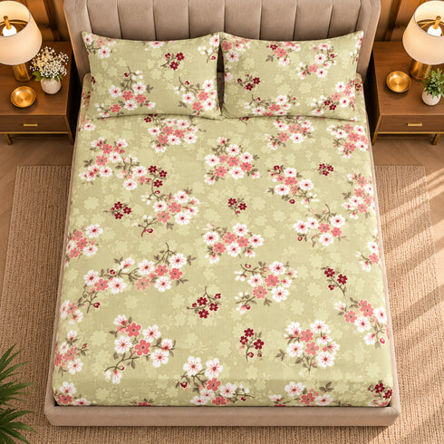 Sage Rosette 100% Cotton King Size Bedsheet Set (1 Bedsheet & 2 Pillow Covers)